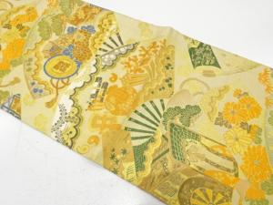 アンティーク　扇に宝尽くし・鼓・草花模様織り出し丸帯（着用可）